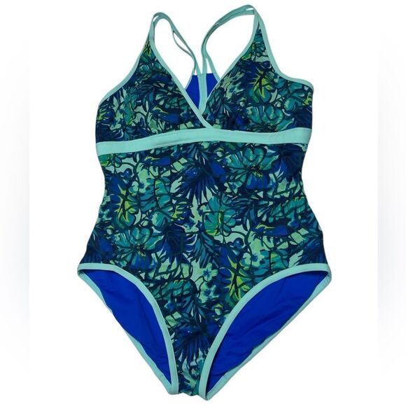 L.L. Bean UPF 50+ Swimsuit Green and Blue Floral One Piece Swimsuit Flowers 14 - Picture 2 of 8